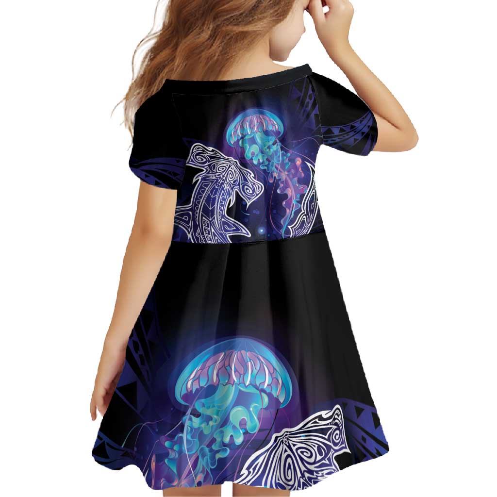 Polynesian Aumakua Family Matching Off Shoulder Maxi Dress and Hawaiian Shirt Jellyfish with Shark - Polynesian Pride