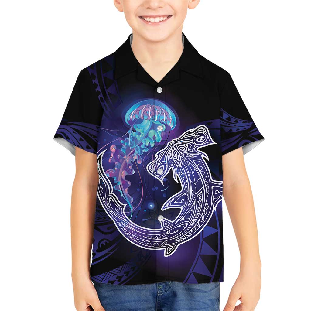 Polynesian Aumakua Family Matching Off Shoulder Maxi Dress and Hawaiian Shirt Jellyfish with Shark - Polynesian Pride