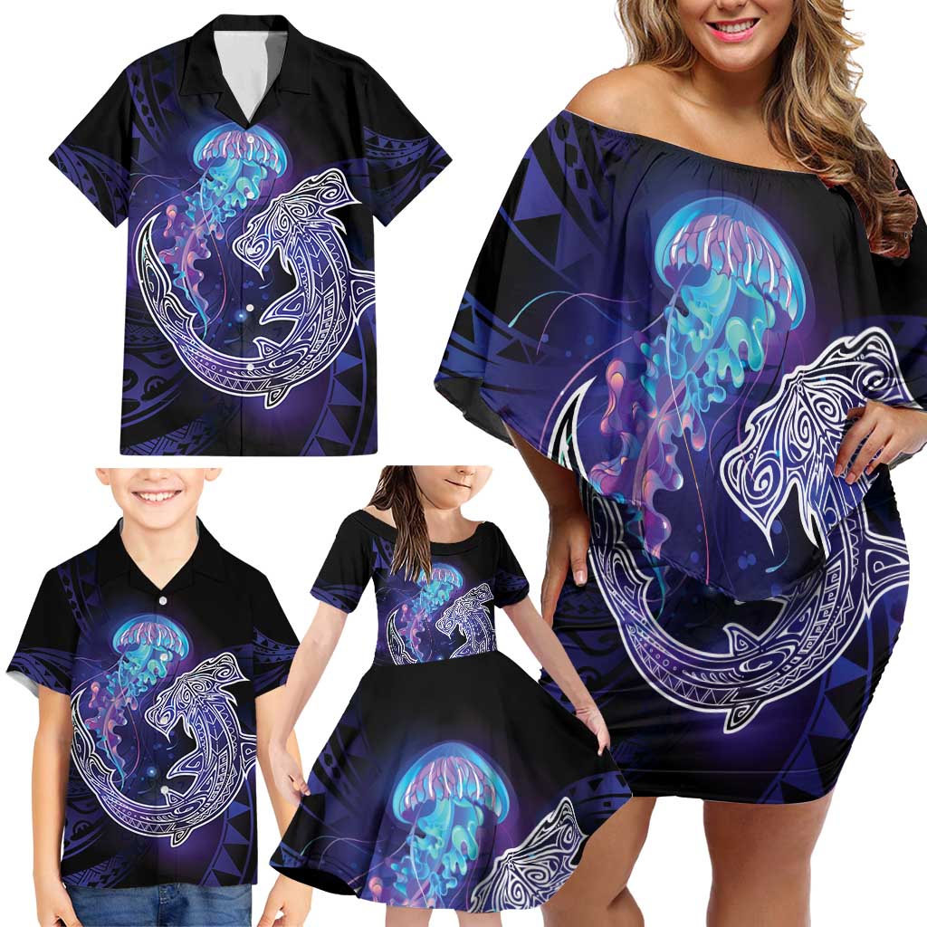 Polynesian Aumakua Family Matching Off Shoulder Short Dress and Hawaiian Shirt Jellyfish with Shark - Polynesian Pride