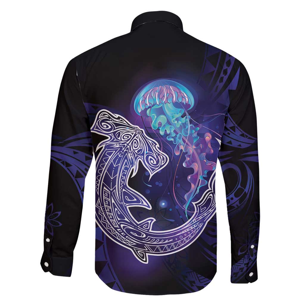 Polynesian Aumakua Family Matching Off Shoulder Short Dress and Hawaiian Shirt Jellyfish with Shark - Polynesian Pride