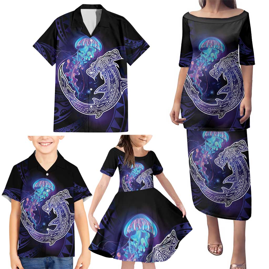 Polynesian Aumakua Family Matching Puletasi and Hawaiian Shirt Jellyfish with Shark - Polynesian Pride