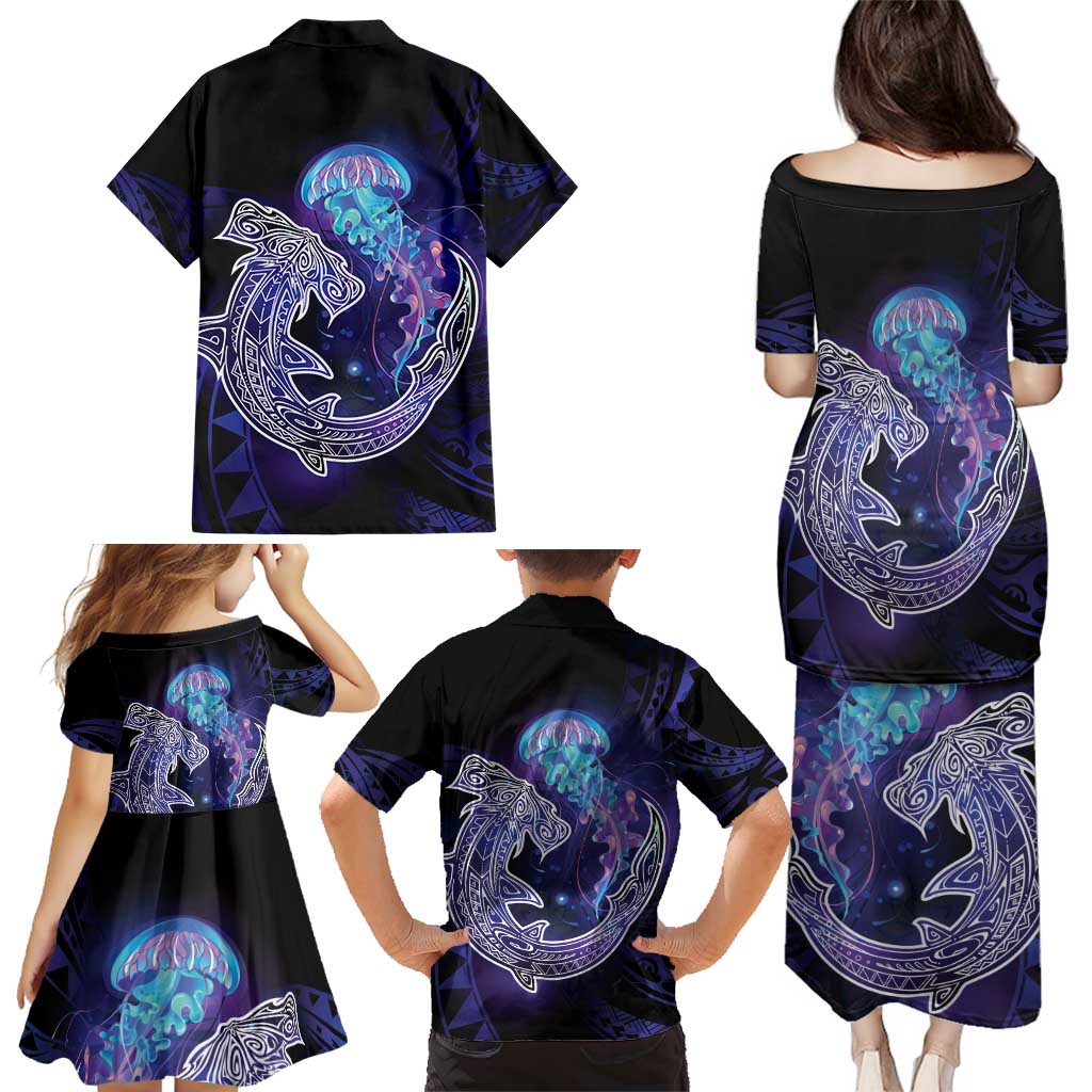 Polynesian Aumakua Family Matching Puletasi and Hawaiian Shirt Jellyfish with Shark - Polynesian Pride