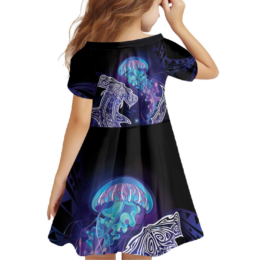 Polynesian Aumakua Family Matching Short Sleeve Bodycon Dress and Hawaiian Shirt Jellyfish with Shark - Polynesian Pride