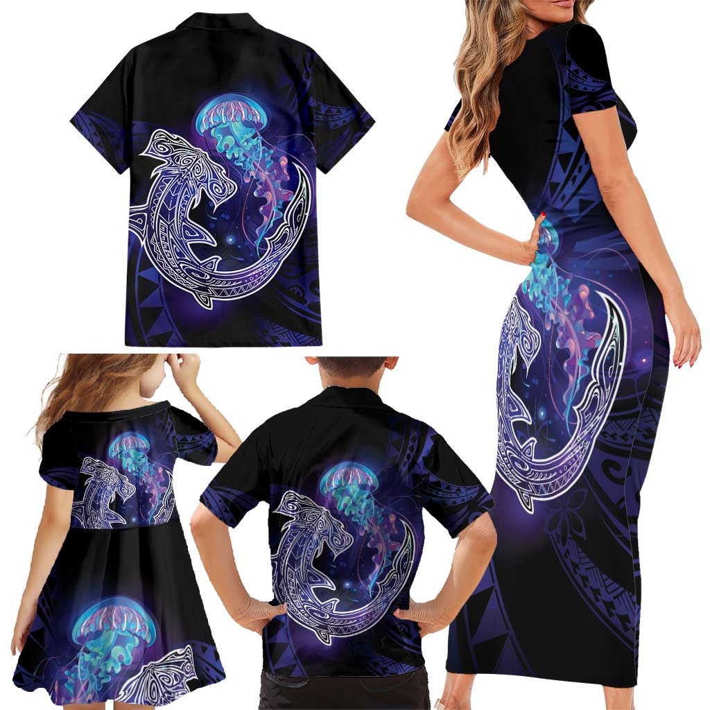Polynesian Aumakua Family Matching Short Sleeve Bodycon Dress and Hawaiian Shirt Jellyfish with Shark - Polynesian Pride
