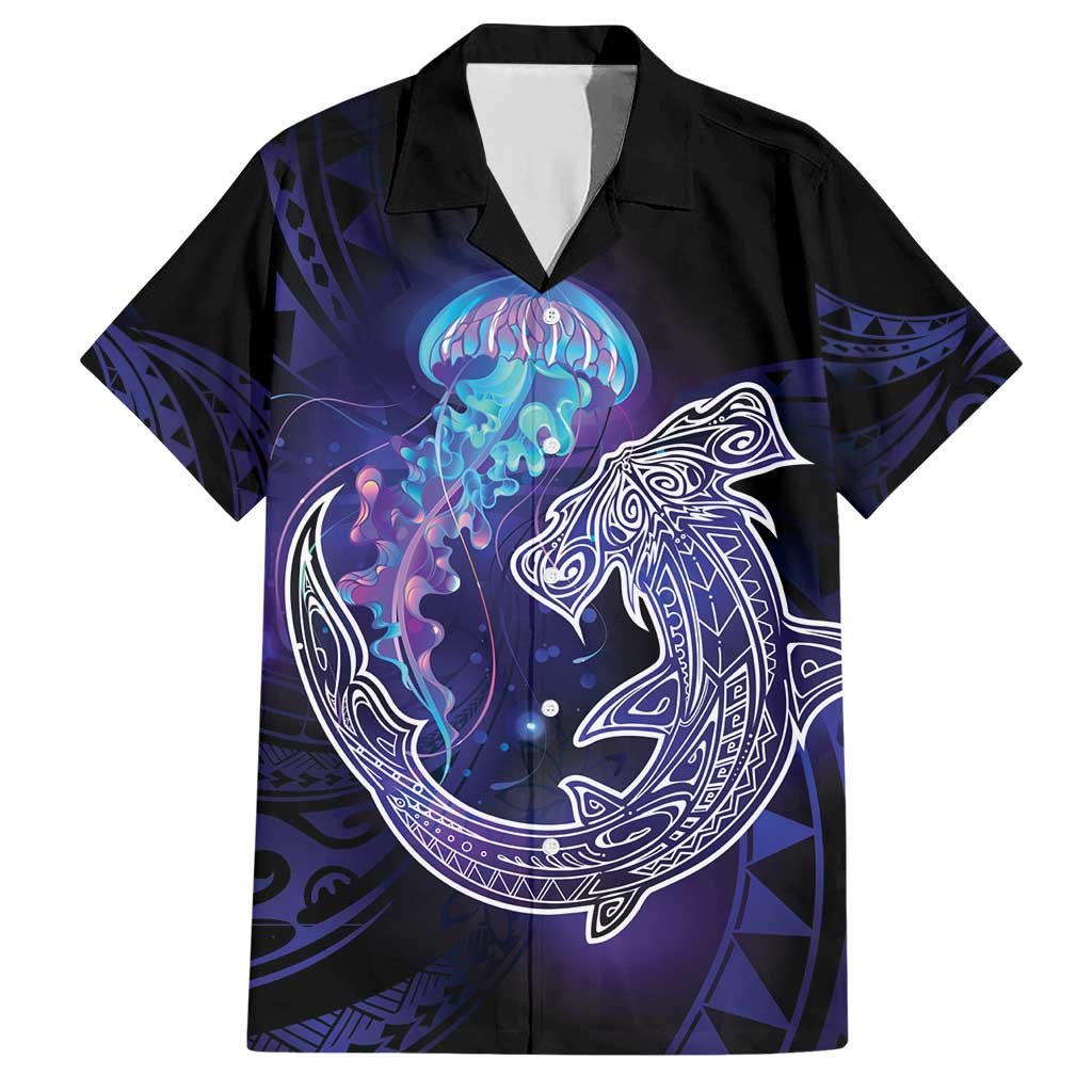 Polynesian Aumakua Family Matching Short Sleeve Bodycon Dress and Hawaiian Shirt Jellyfish with Shark - Polynesian Pride