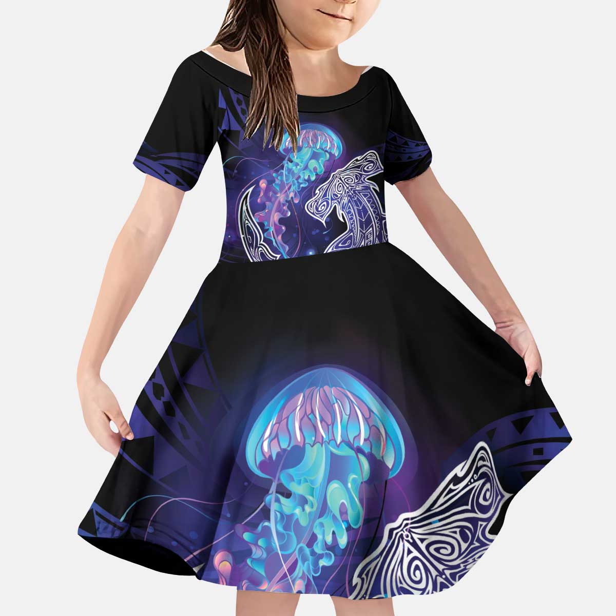 Polynesian Aumakua Kid Short Sleeve Dress Jellyfish with Shark - Polynesian Pride