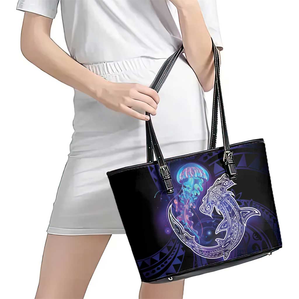 Polynesian Aumakua Leather Tote Bag Jellyfish with Shark - Polynesian Pride