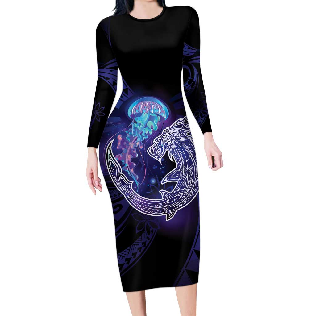 Polynesian Aumakua Long Sleeve Bodycon Dress Jellyfish with Shark LT7 Long Dress Teal Purple - Polynesian Pride