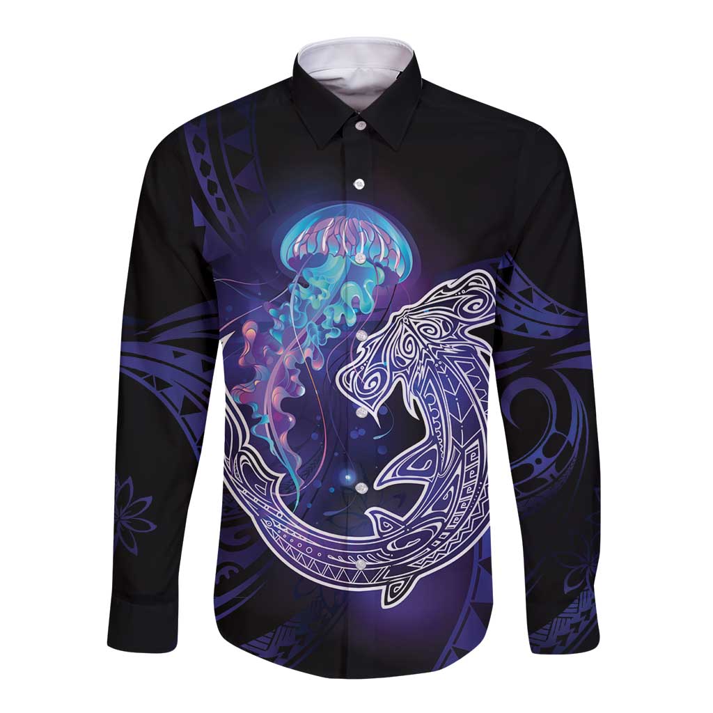 Polynesian Aumakua Long Sleeve Button Shirt Jellyfish with Shark - Polynesian Pride