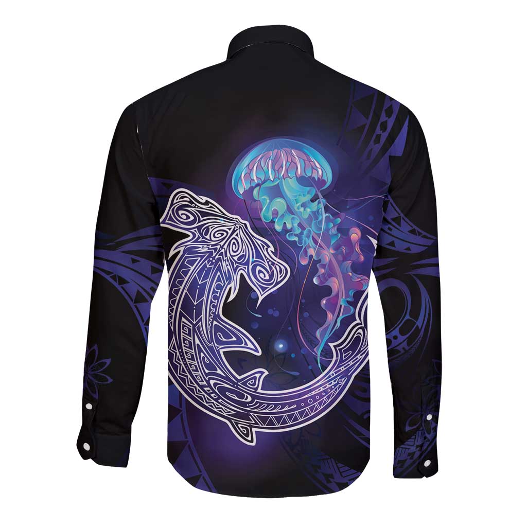 Polynesian Aumakua Long Sleeve Button Shirt Jellyfish with Shark - Polynesian Pride