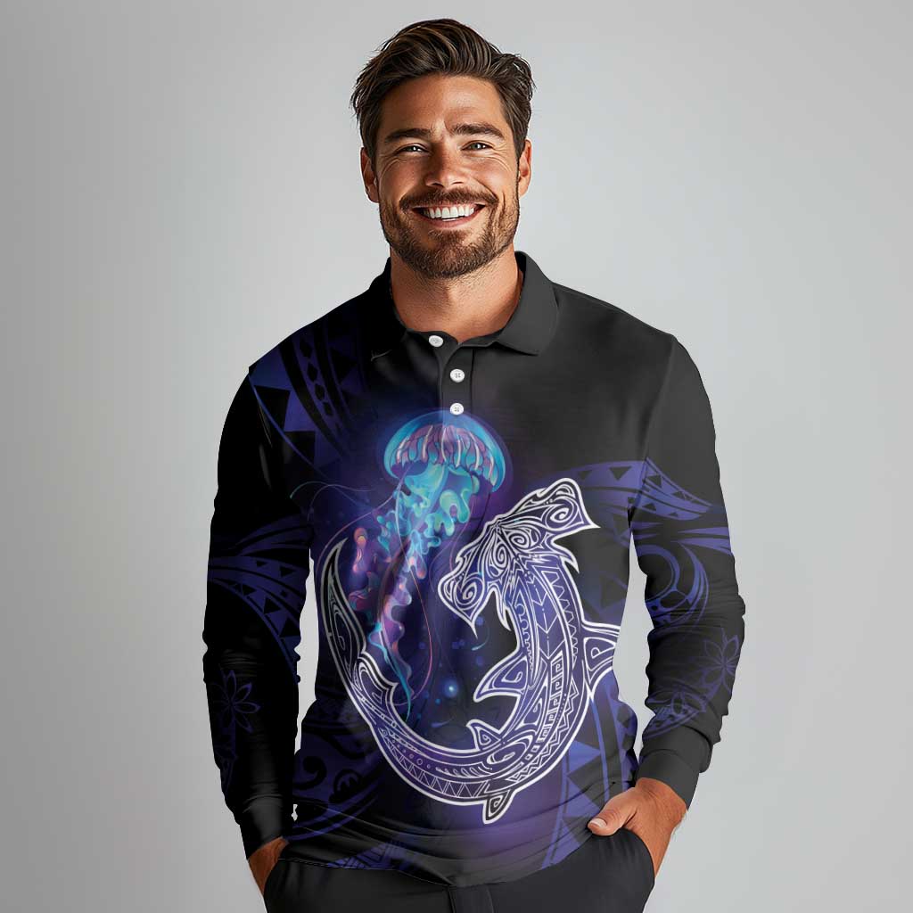 Polynesian Aumakua Long Sleeve Polo Shirt Jellyfish with Shark - Polynesian Pride