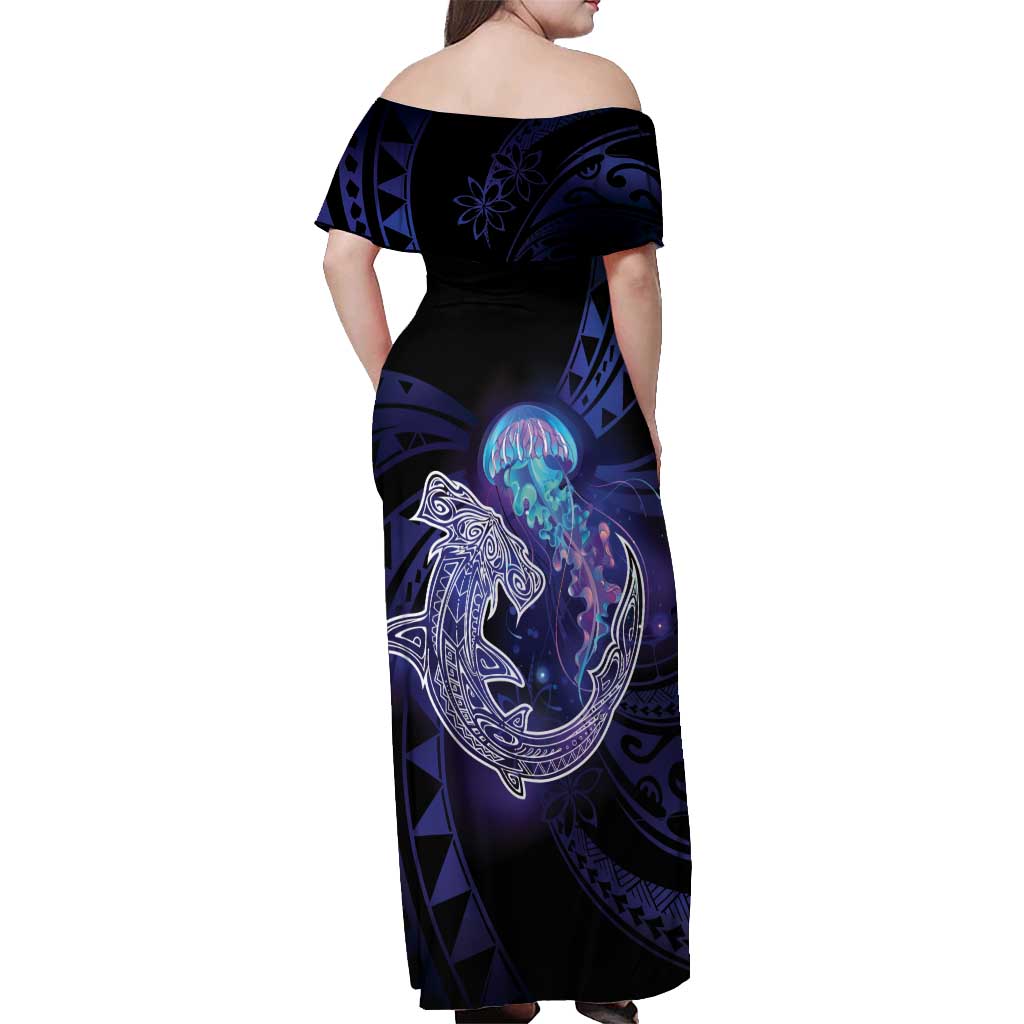 Polynesian Aumakua Off Shoulder Maxi Dress Jellyfish with Shark - Polynesian Pride