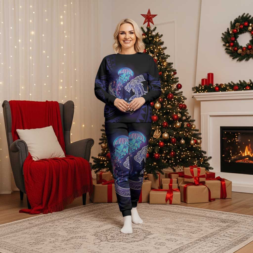 Polynesian Aumakua Christmas Pajama Set Jellyfish with Shark - Polynesian Pride
