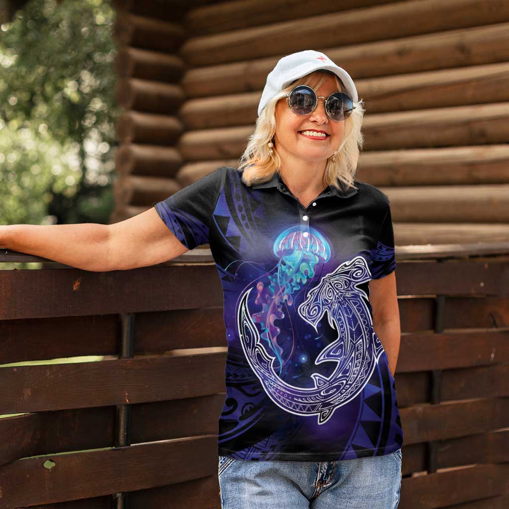 Polynesian Aumakua Women Polo Shirt Jellyfish with Shark - Polynesian Pride