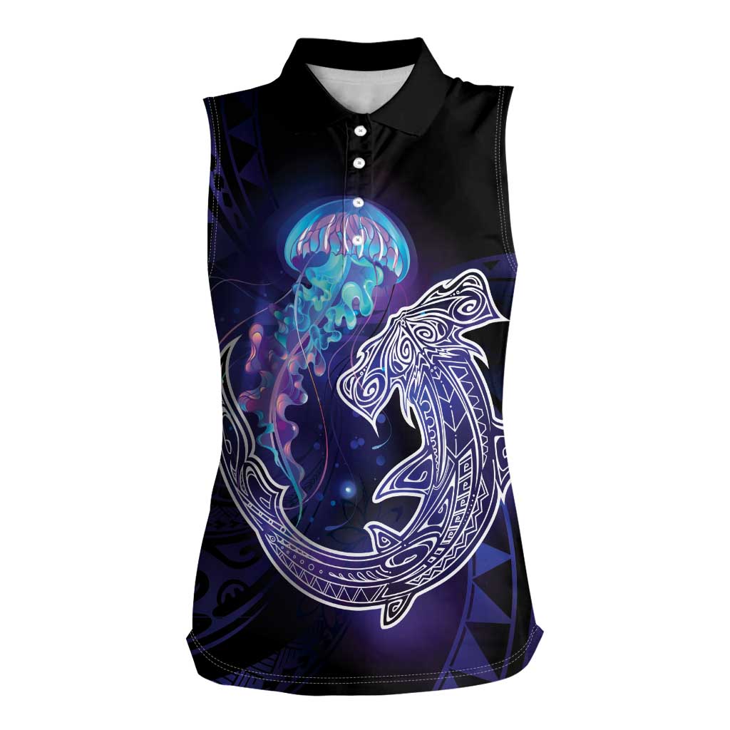 Polynesian Aumakua Women Sleeveless Polo Shirt Jellyfish with Shark - Polynesian Pride