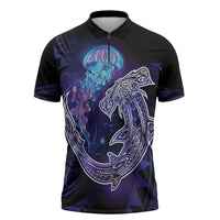 Polynesian Aumakua Zipper Polo Shirt Jellyfish with Shark - Polynesian Pride