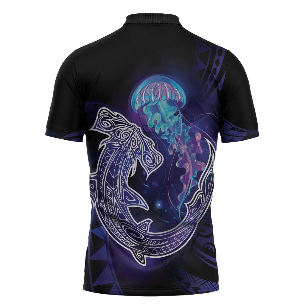 Polynesian Aumakua Zipper Polo Shirt Jellyfish with Shark - Polynesian Pride