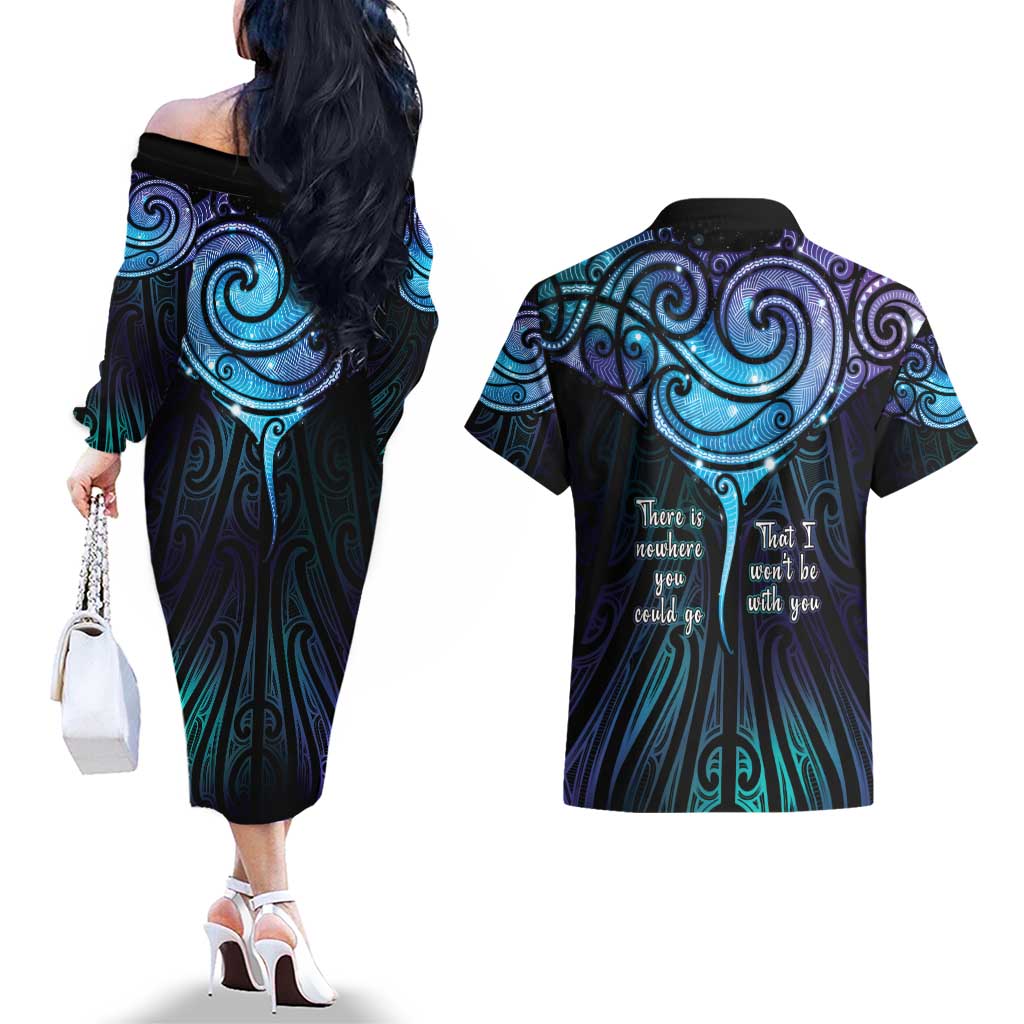 Aotearoa Maori Te Whai Rahi Couples Matching Off The Shoulder Long Sleeve Dress and Hawaiian Shirt Tala - Nowhere You Could Go That I Won't Be With You - Polynesian Pride