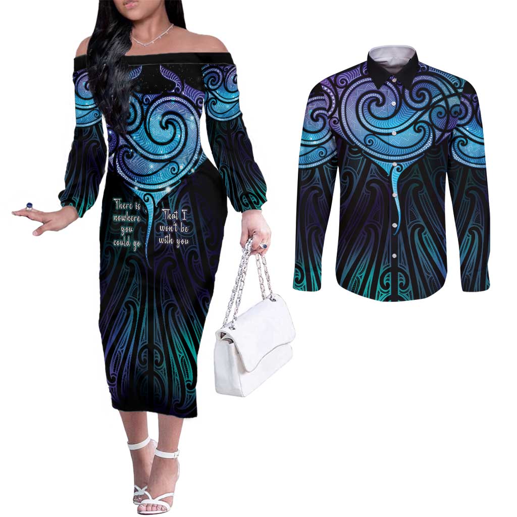 Aotearoa Maori Te Whai Rahi Couples Matching Off The Shoulder Long Sleeve Dress and Long Sleeve Button Shirt Tala - Nowhere You Could Go That I Won't Be With You - Polynesian Pride