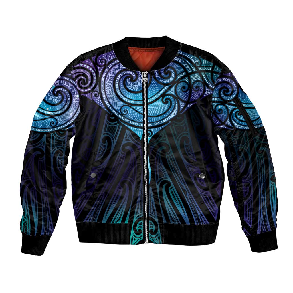 Aotearoa Maori Te Whai Rahi Sleeve Zip Bomber Jacket Tala - Nowhere You Could Go That I Won't Be With You LT7 Unisex Teal Purple - Polynesian Pride