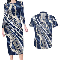 Polynesian Puakeniken Pikake Twisted Lei Couples Matching Long Sleeve Bodycon Dress and Hawaiian Shirt Navy Blue - Polynesian Pride