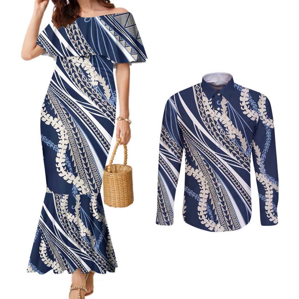Polynesian Puakeniken Pikake Twisted Lei Couples Matching Mermaid Dress and Long Sleeve Button Shirt Navy Blue LT7 Navy Blue - Polynesian Pride