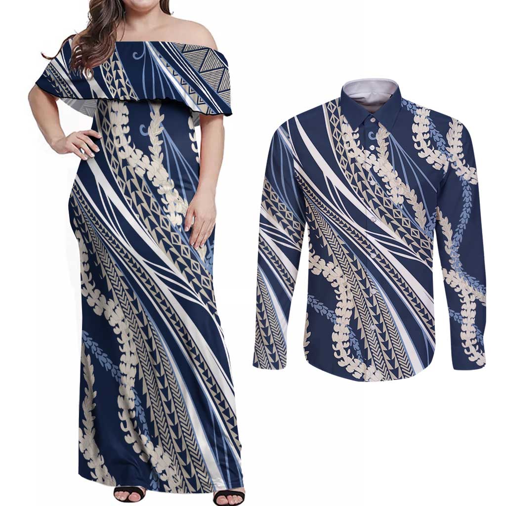 Polynesian Puakeniken Pikake Twisted Lei Couples Matching Off Shoulder Maxi Dress and Long Sleeve Button Shirt Navy Blue LT7 Navy Blue - Polynesian Pride