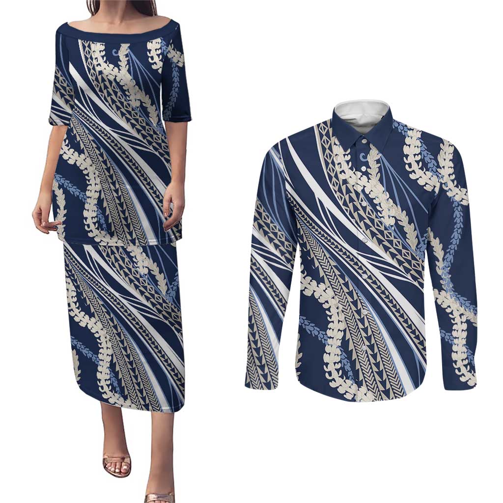 Polynesian Puakeniken Pikake Twisted Lei Couples Matching Puletasi and Long Sleeve Button Shirt Navy Blue LT7 Navy Blue - Polynesian Pride