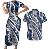 Polynesian Puakeniken Pikake Twisted Lei Couples Matching Short Sleeve Bodycon Dress and Hawaiian Shirt Navy Blue - Polynesian Pride