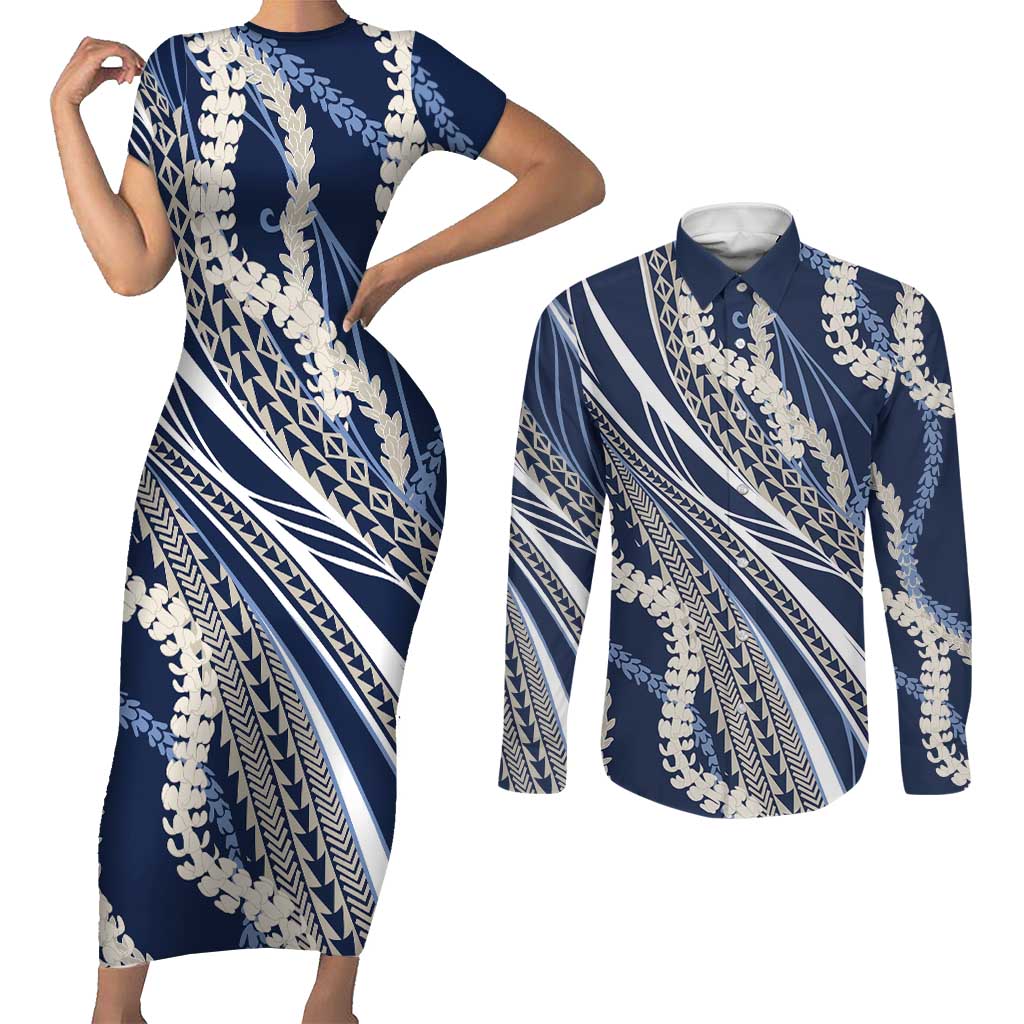 Polynesian Puakeniken Pikake Twisted Lei Couples Matching Short Sleeve Bodycon Dress and Long Sleeve Button Shirt Navy Blue LT7 Navy Blue - Polynesian Pride