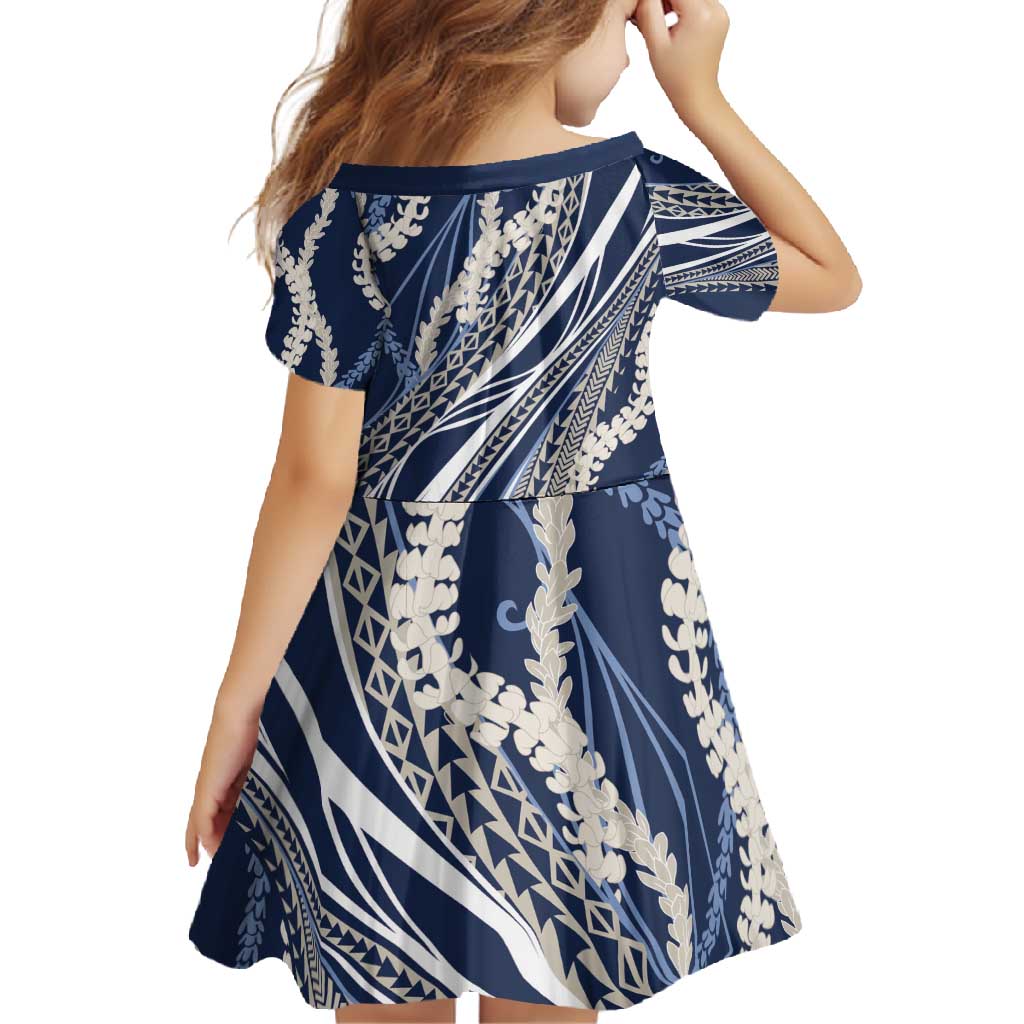 Polynesian Puakeniken Pikake Twisted Lei Family Matching Long Sleeve Bodycon Dress and Hawaiian Shirt Navy Blue - Polynesian Pride