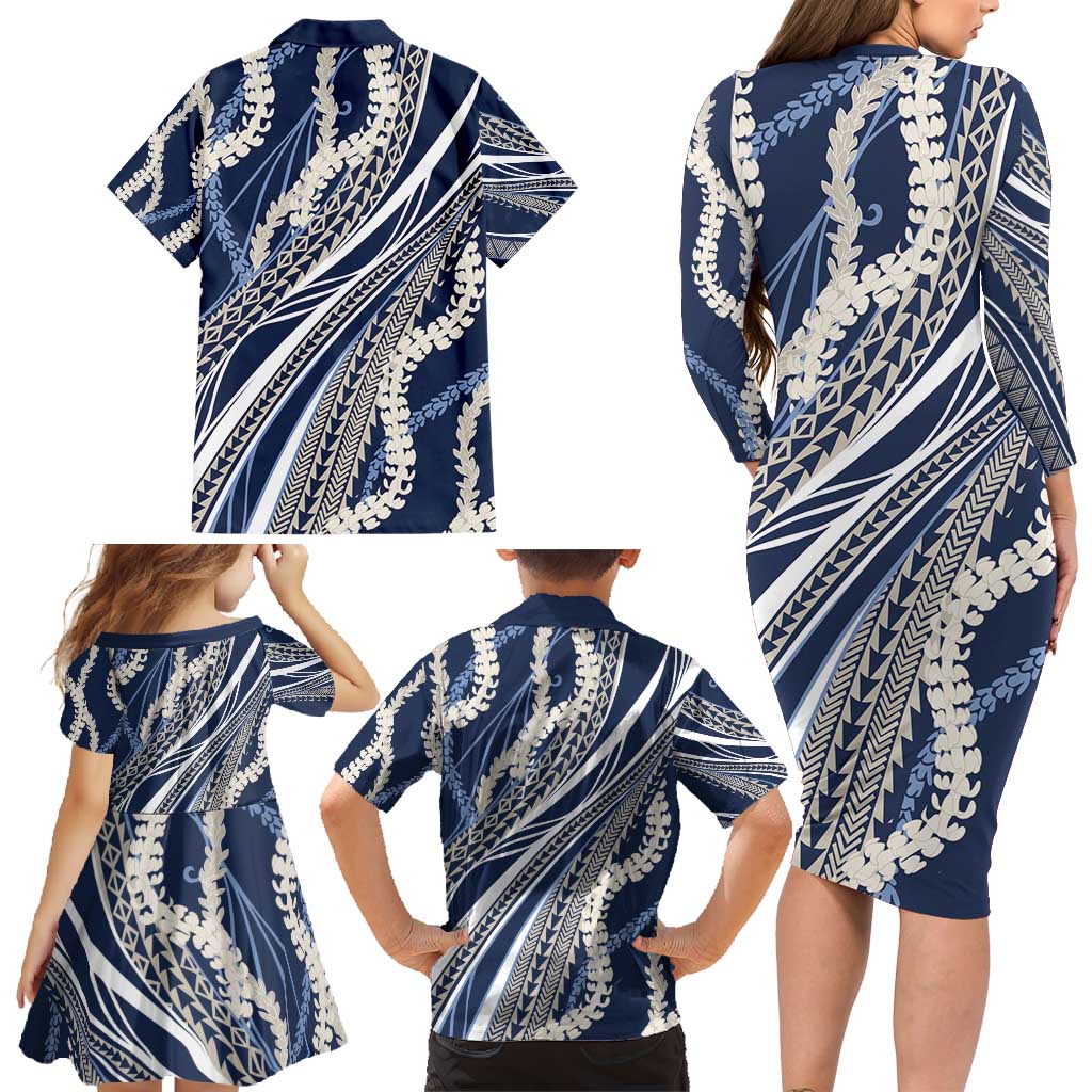 Polynesian Puakeniken Pikake Twisted Lei Family Matching Long Sleeve Bodycon Dress and Hawaiian Shirt Navy Blue - Polynesian Pride