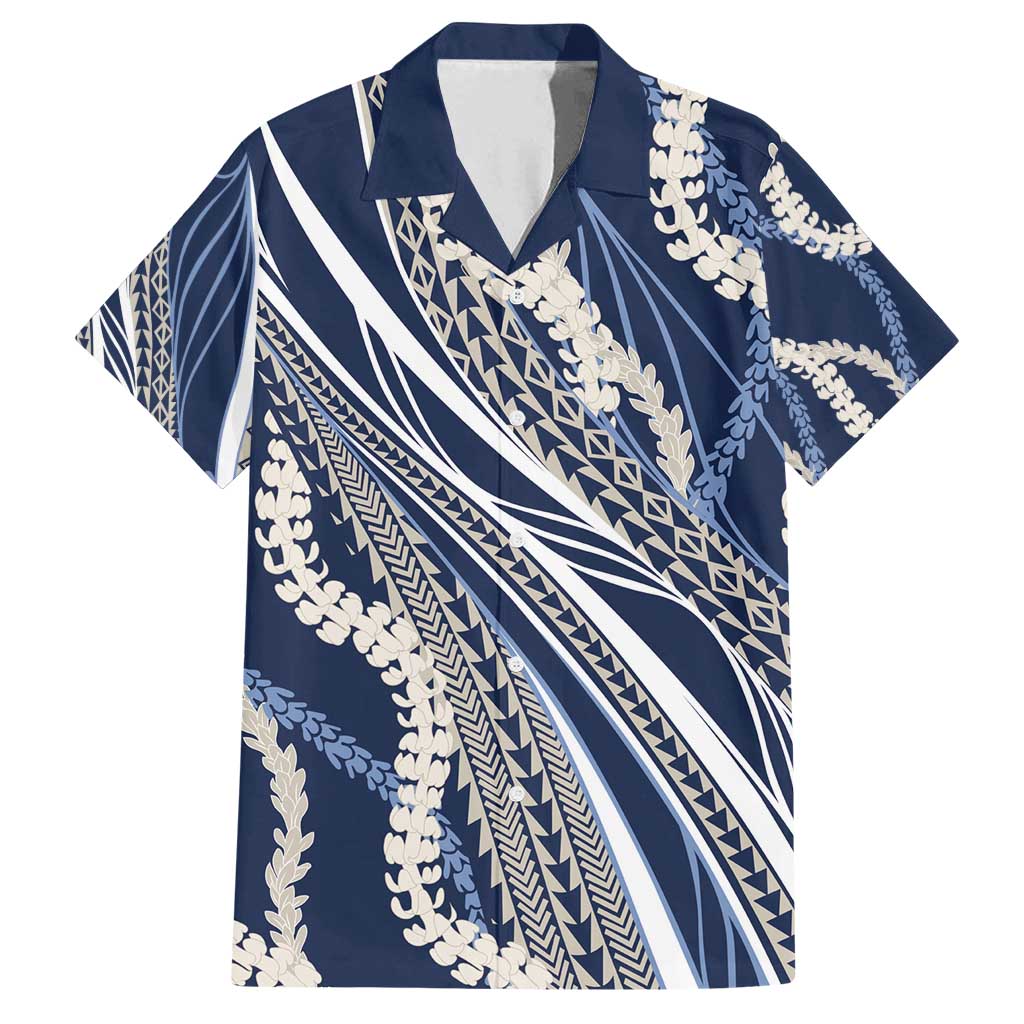 Polynesian Puakeniken Pikake Twisted Lei Family Matching Long Sleeve Bodycon Dress and Hawaiian Shirt Navy Blue - Polynesian Pride