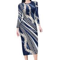 Polynesian Puakeniken Pikake Twisted Lei Family Matching Long Sleeve Bodycon Dress and Hawaiian Shirt Navy Blue - Polynesian Pride