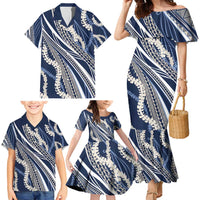 Polynesian Puakeniken Pikake Twisted Lei Family Matching Mermaid Dress and Hawaiian Shirt Navy Blue - Polynesian Pride