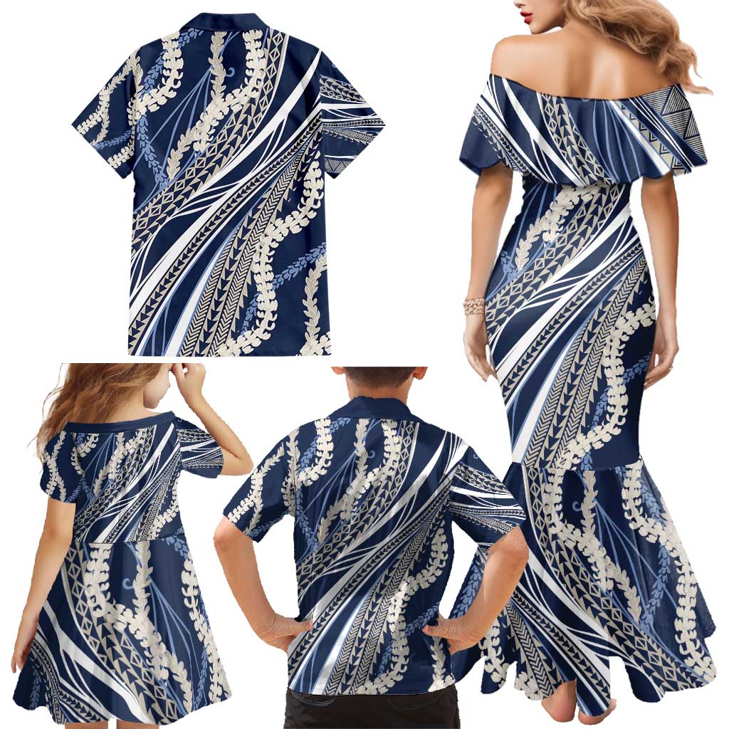 Polynesian Puakeniken Pikake Twisted Lei Family Matching Mermaid Dress and Hawaiian Shirt Navy Blue - Polynesian Pride