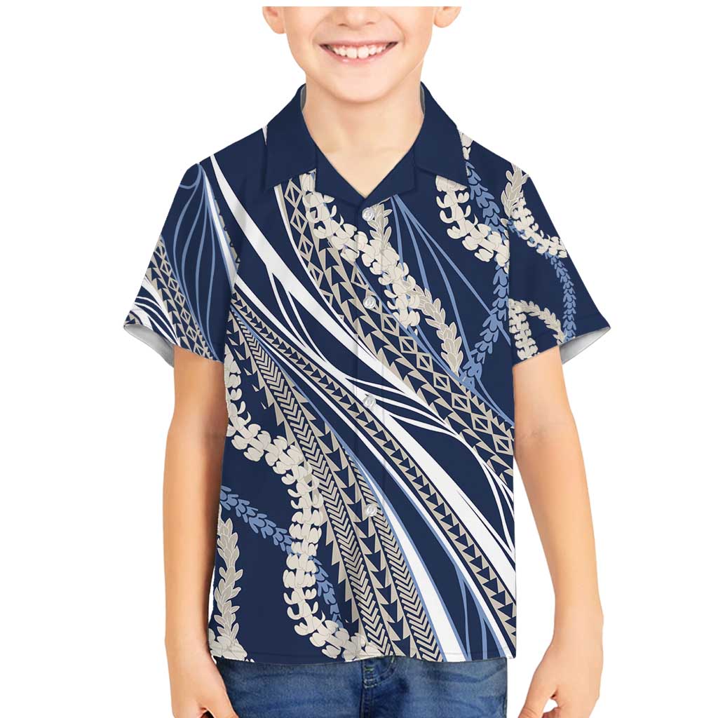 Polynesian Puakeniken Pikake Twisted Lei Family Matching Mermaid Dress and Hawaiian Shirt Navy Blue - Polynesian Pride