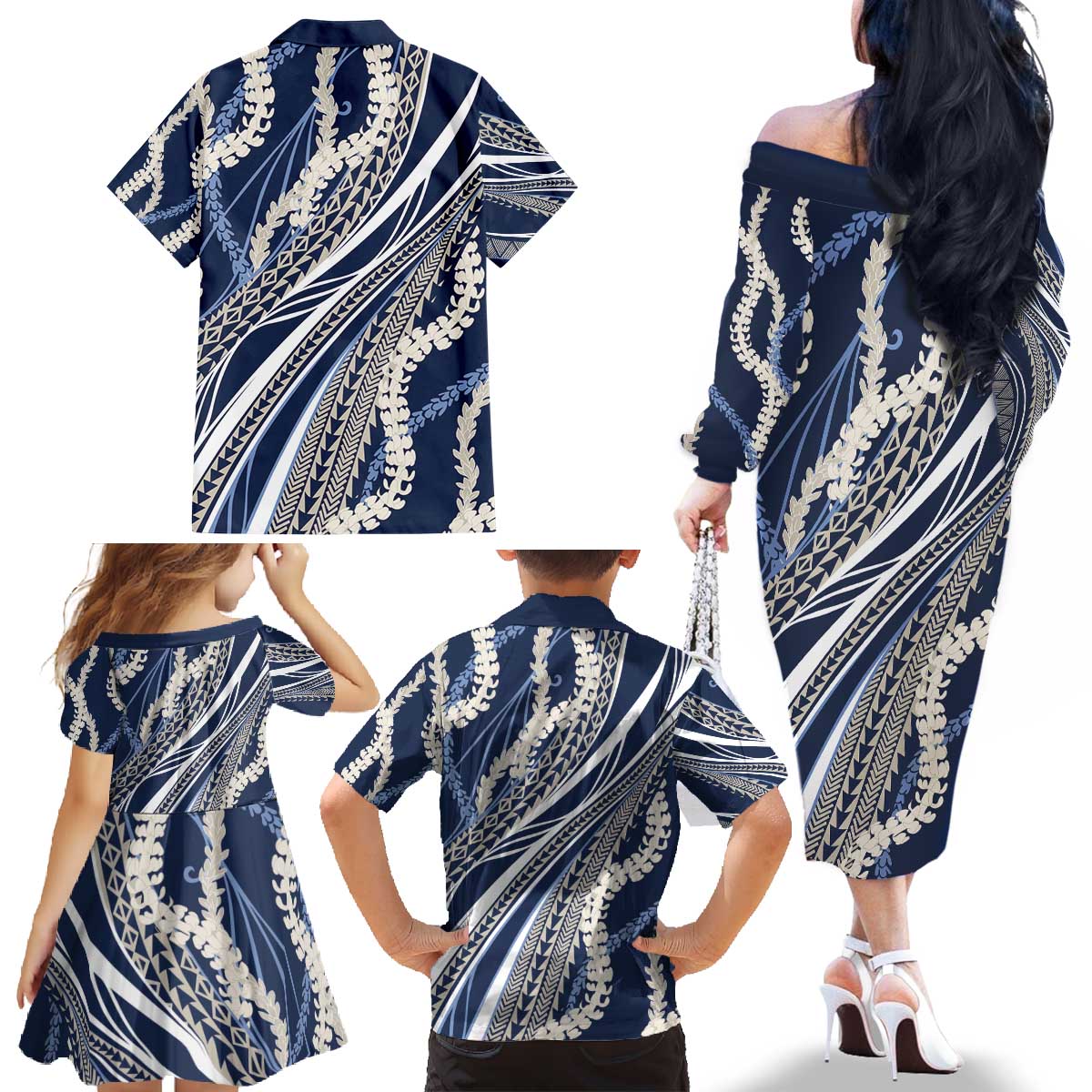 Polynesian Puakeniken Pikake Twisted Lei Family Matching Off The Shoulder Long Sleeve Dress and Hawaiian Shirt Navy Blue - Polynesian Pride