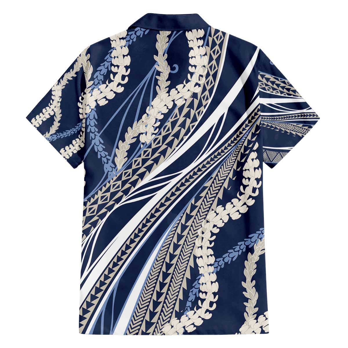 Polynesian Puakeniken Pikake Twisted Lei Family Matching Off The Shoulder Long Sleeve Dress and Hawaiian Shirt Navy Blue - Polynesian Pride