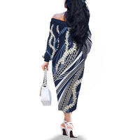 Polynesian Puakeniken Pikake Twisted Lei Family Matching Off The Shoulder Long Sleeve Dress and Hawaiian Shirt Navy Blue - Polynesian Pride