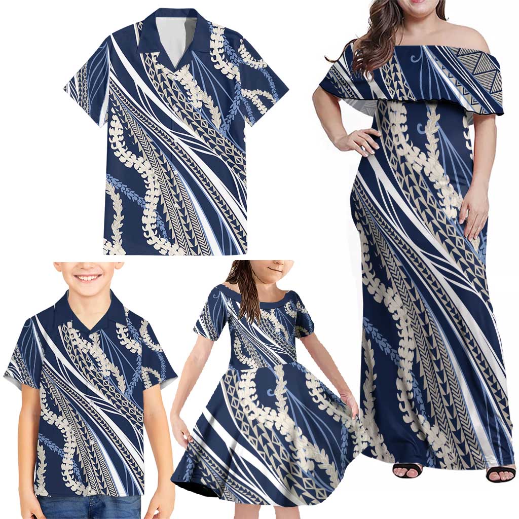 Polynesian Puakeniken Pikake Twisted Lei Family Matching Off Shoulder Maxi Dress and Hawaiian Shirt Navy Blue - Polynesian Pride