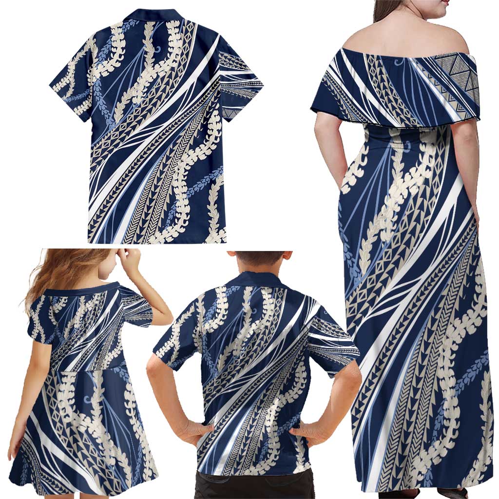 Polynesian Puakeniken Pikake Twisted Lei Family Matching Off Shoulder Maxi Dress and Hawaiian Shirt Navy Blue - Polynesian Pride