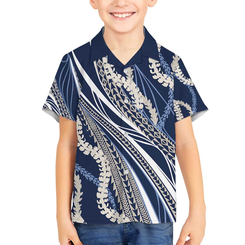 Polynesian Puakeniken Pikake Twisted Lei Family Matching Off Shoulder Maxi Dress and Hawaiian Shirt Navy Blue - Polynesian Pride