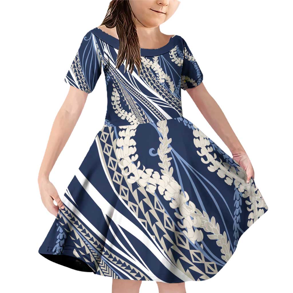 Polynesian Puakeniken Pikake Twisted Lei Family Matching Off Shoulder Short Dress and Hawaiian Shirt Navy Blue - Polynesian Pride