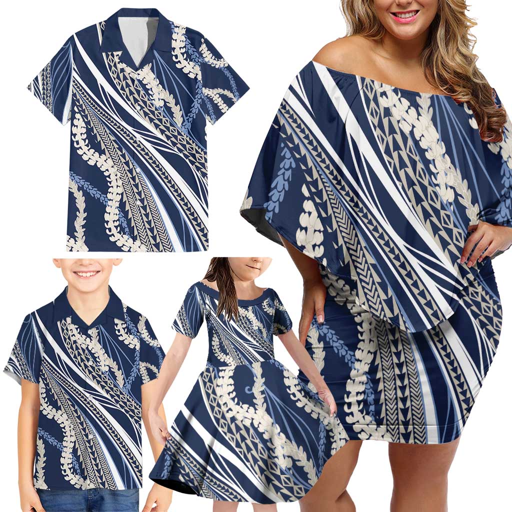 Polynesian Puakeniken Pikake Twisted Lei Family Matching Off Shoulder Short Dress and Hawaiian Shirt Navy Blue - Polynesian Pride