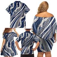 Polynesian Puakeniken Pikake Twisted Lei Family Matching Off Shoulder Short Dress and Hawaiian Shirt Navy Blue - Polynesian Pride