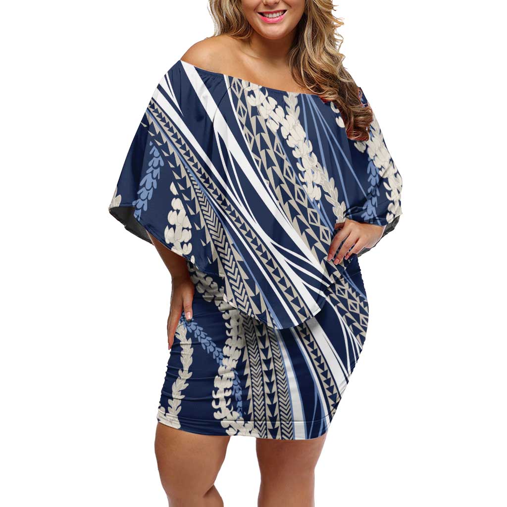 Polynesian Puakeniken Pikake Twisted Lei Family Matching Off Shoulder Short Dress and Hawaiian Shirt Navy Blue - Polynesian Pride