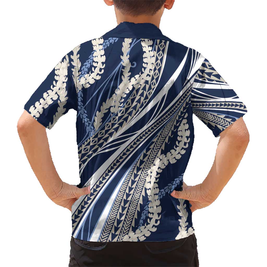Polynesian Puakeniken Pikake Twisted Lei Family Matching Puletasi and Hawaiian Shirt Navy Blue LT7 - Polynesian Pride