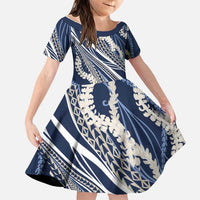 Polynesian Puakeniken Pikake Twisted Lei Family Matching Puletasi and Hawaiian Shirt Navy Blue LT7 Daughter's Dress Navy Blue - Polynesian Pride