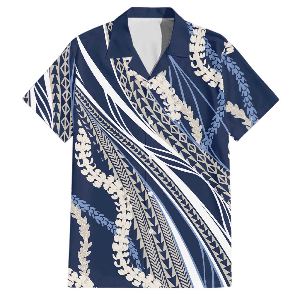 Polynesian Puakeniken Pikake Twisted Lei Family Matching Puletasi and Hawaiian Shirt Navy Blue LT7 Dad's Shirt - Short Sleeve Navy Blue - Polynesian Pride